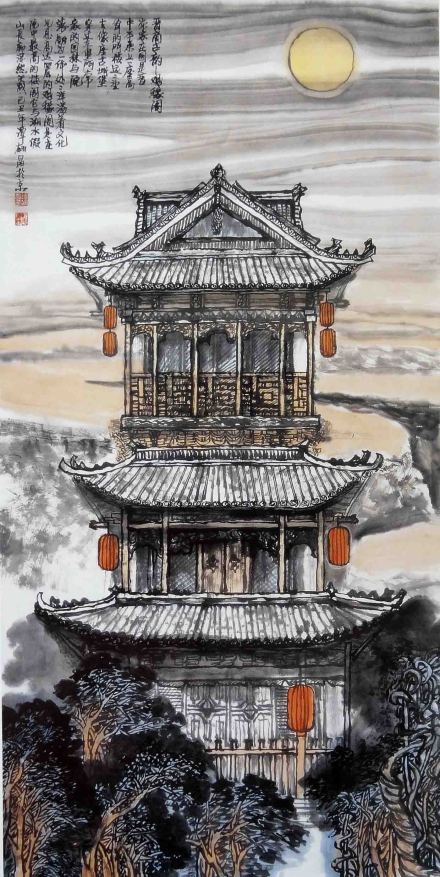楼阁-国画谭翃晶作品 