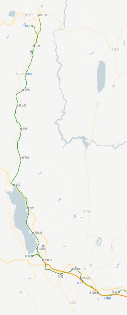 大丽铁路线路走向（仁和站至丽江站为仁丽铁路）